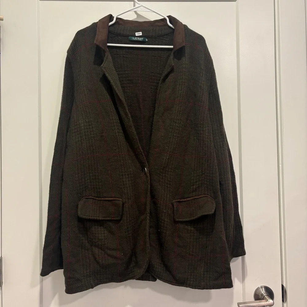 Lauren Ralph Lauren Mens Plaid Cardigan Sweater Olive Green Wool Cashmere Large